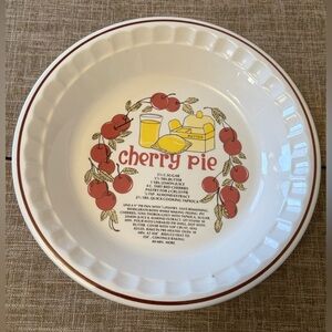 VTG Cherry Pie Recipe Ceramic Fluted Pie Plate Cream Brown Trim Farmhouse 11”